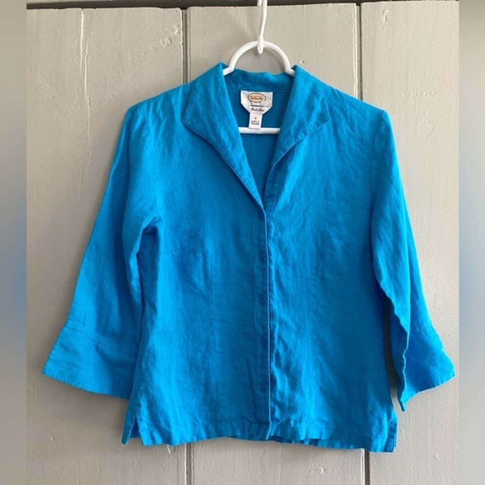 Talbots 100% Irish linen Top Women’s 4 Turquoise 3/4 Sleeve Button Up Blouse